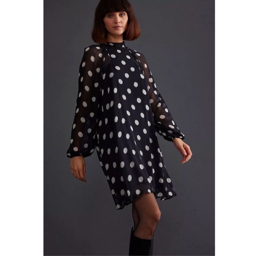 Maeve Sheer Polka Dot Mini Swing Dress Puff Sleeves Tie Neck - Picture 3 of 12